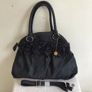 Big Buddha Elegant Dark Blue Demin Handbag with Rose Pedals Floral Design